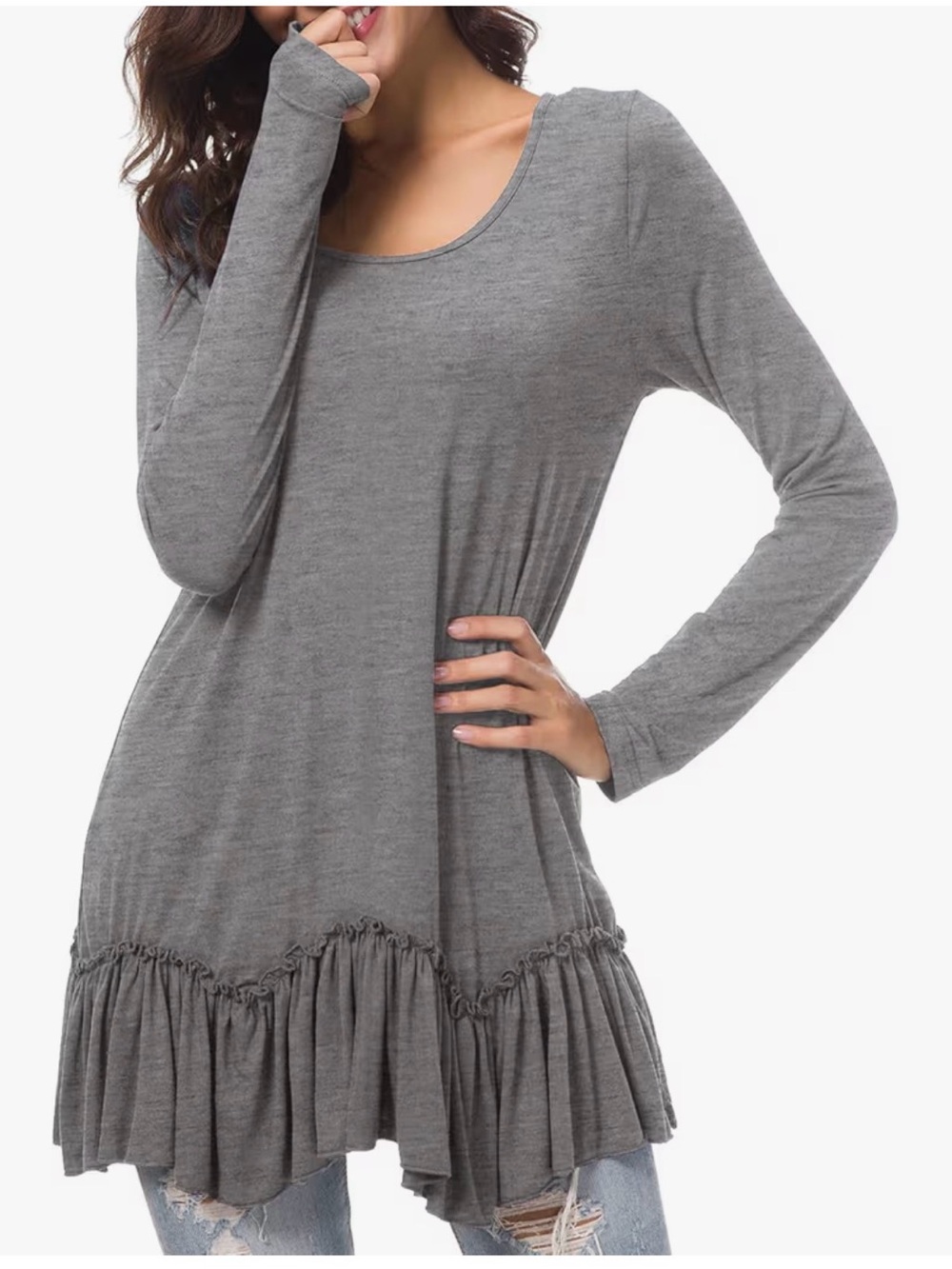 Urban Coco -White Long-Sleeve Ruffle Hem Tunic Dress - Women's